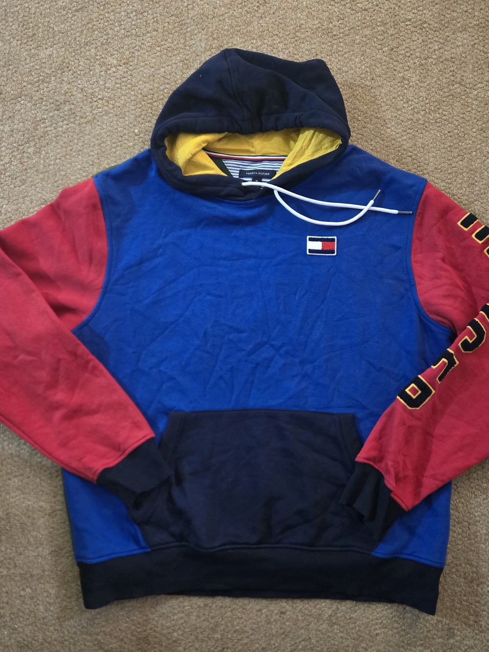 Tommy Hilfiger Colorblock Hoodie in Blue, Red, Green & Navy with Yellow Lining